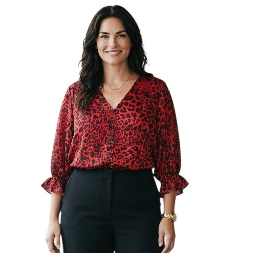 Zac & Rachel Leopard Print Satin Womens size 3X Button Down Career Casual Blouse